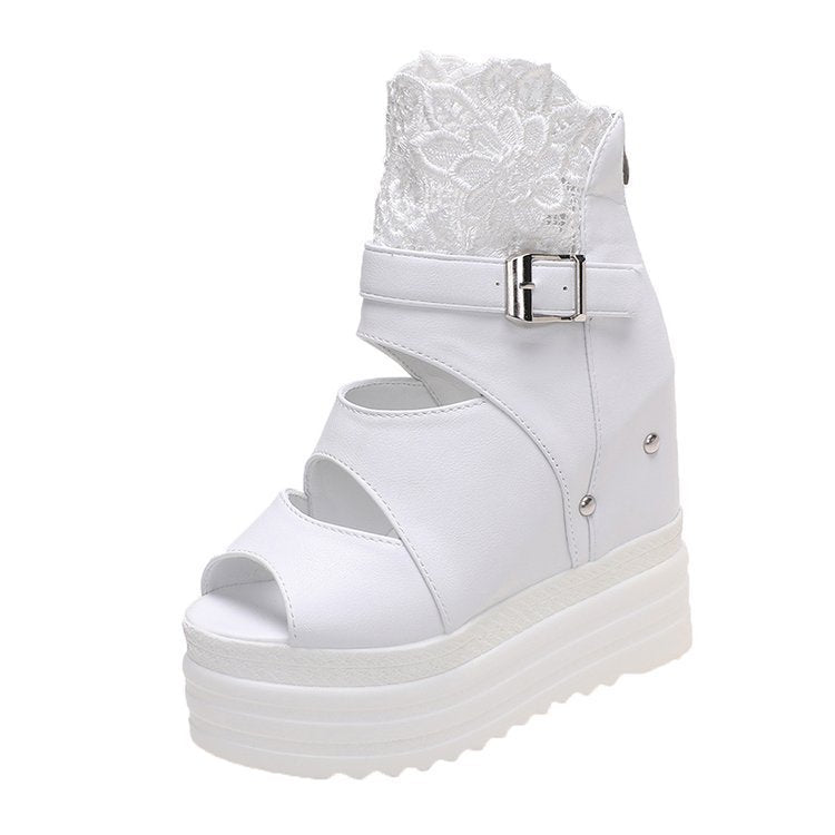 Suede Lace Fish Mouth Platform Wedge Romans Ooho