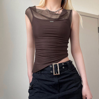 Mesh Spliced Irregular Strap Tank Top For Women Ooho