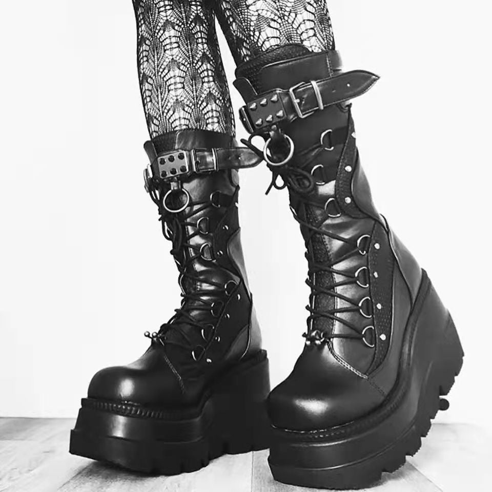 Lace-Up Combat Boot Motorcycle Black Bucke Chunky Boots For Women Winter Shoes Ooho