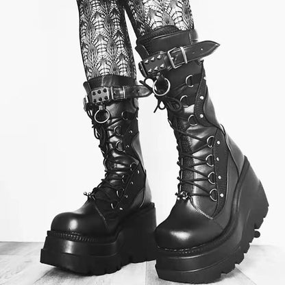 Lace-Up Combat Boot Motorcycle Black Bucke Chunky Boots For Women Winter Shoes Ooho