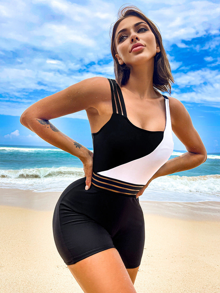 Boxer One-piece Solid Color Stitching Swimsuit For Women Ooho