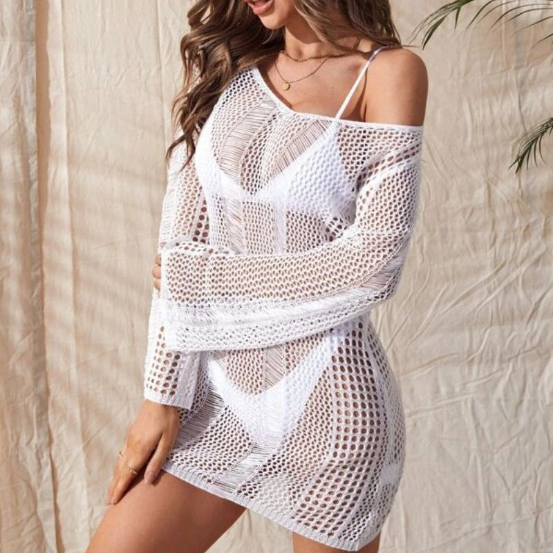 Knitted Hollow Backless Sexy Long Sleeve Narrow Bikini Swimsuit Blouse Women Ooho