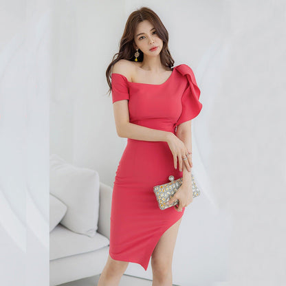 Slanted Collar Irregular Midi Dress Ooho