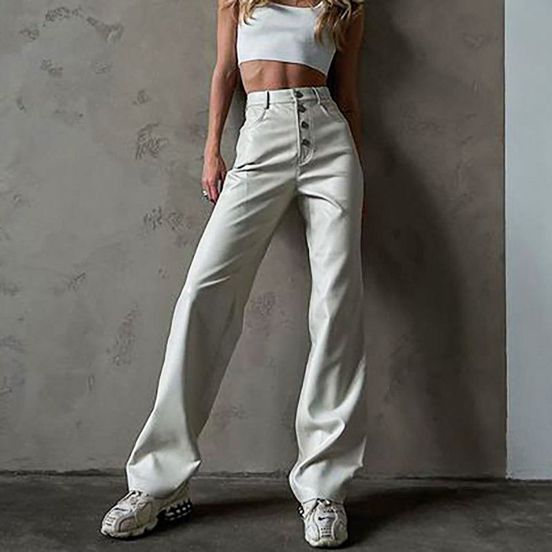 Women’s White PU Leather Micro Flare Pants | High Waist Slim Fit Trendy Trousers Ooho