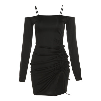 Slim Straight Neck Wrap Hip Split Dress Women Ooho