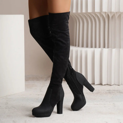 New Long Boots For Women Elastic Suede High Square Heel Over-the-knee Boots Fashion Party Shoes Winter Ooho