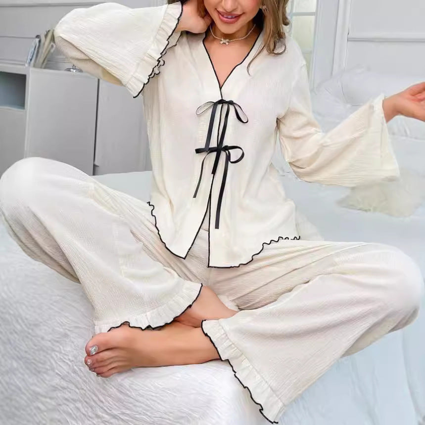 V-neck Lace-up Close-edge Cardigan Long-sleeved Pants Ooho