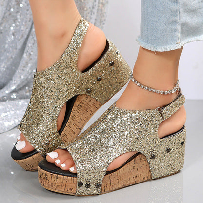 Summer Chunky Wedges Sandals Fashion Sequins Velcro Shoes Women Ooho