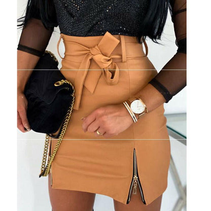 Women’s Bandage PU Leather Mini Skirt | Sexy High Waist Short Skirt for Ladies Ooho