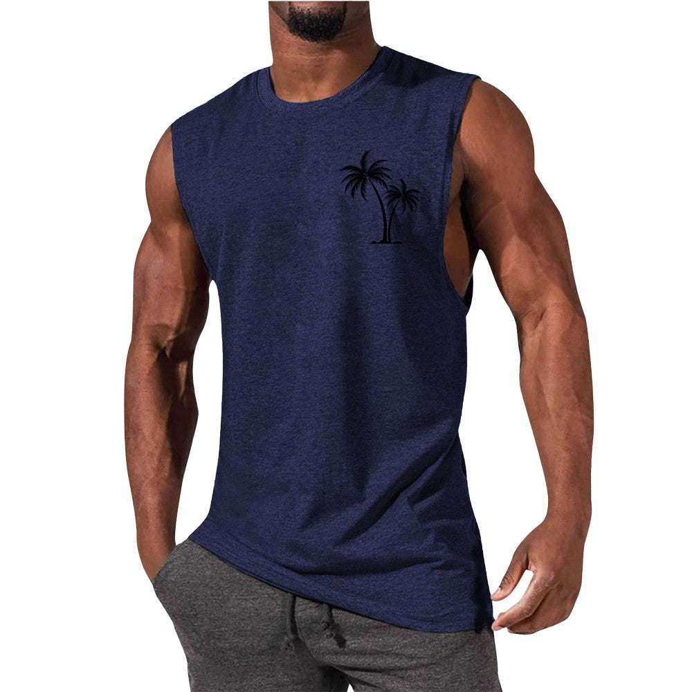 Coconut Tree Embroidery Vest Summer Beach Tank Tops Workout Muscle Men Sports Fitness T-shirt Ooho