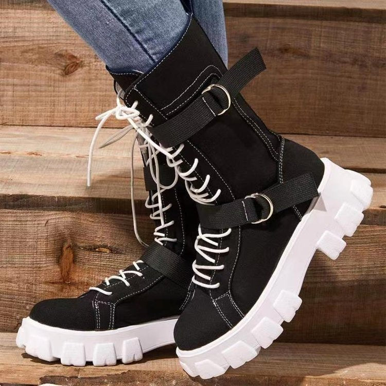 Platform Boots Buckle Lace-up Cowboy Boots Women Shoes Ooho