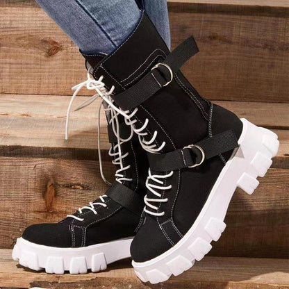 Platform Boots Buckle Lace-up Cowboy Boots Women Shoes Ooho