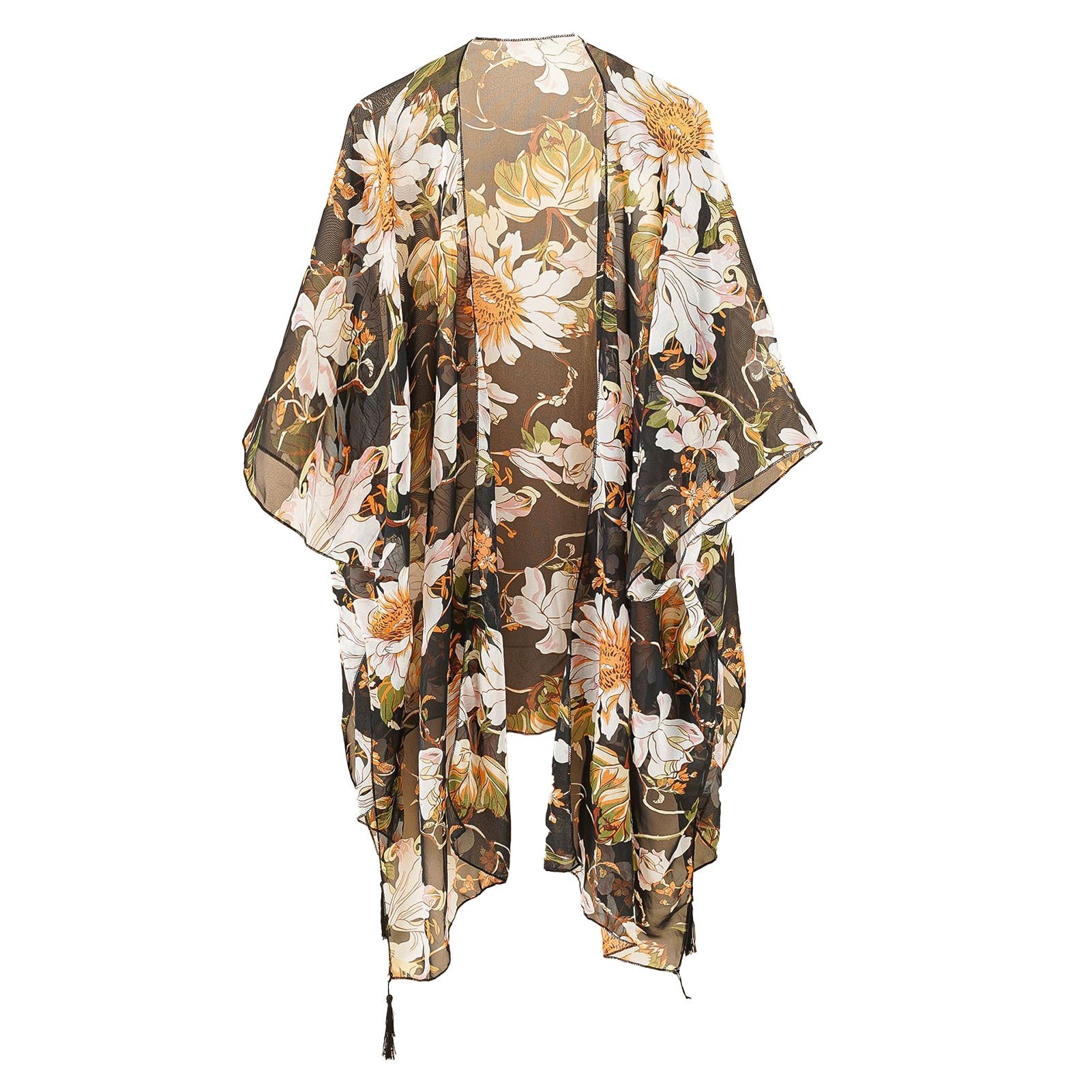 Beach Swimwear Cover Up Chiffon One Size Black Tassel Floral Print Swim Cover Up for Water Park Vacation Ooho