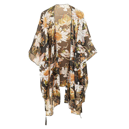 Beach Swimwear Cover Up Chiffon One Size Black Tassel Floral Print Swim Cover Up for Water Park Vacation Ooho