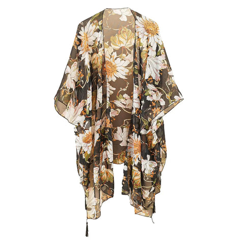 Beach Swimwear Cover Up Chiffon One Size Black Tassel Floral Print Swim Cover Up for Water Park Vacation Ooho
