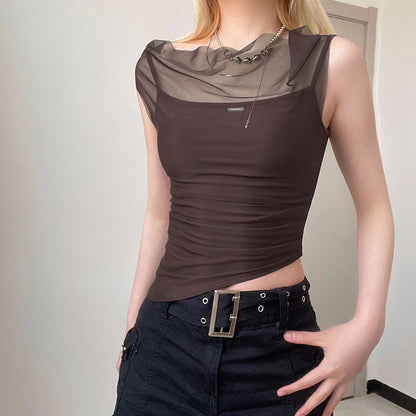 Mesh Spliced Irregular Strap Tank Top For Women Ooho