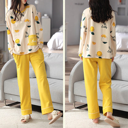 Loose Print Pajamas Women Autumn Winter Pyjama Set Long Sleeves And Trousers Elegant Sleepwear Girl Loungewear Home Clothes Ooho