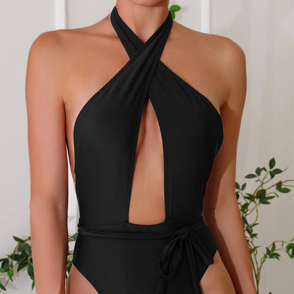 Cross Strap New Solid Color One-piece Swimsuit For Women Ooho