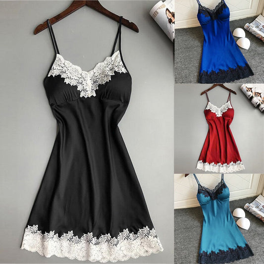 Large Size Sexy Suspender Dress Satin Lace Stitching Nightdress Ooho