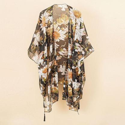 Beach Swimwear Cover Up Chiffon One Size Black Tassel Floral Print Swim Cover Up for Water Park Vacation Ooho