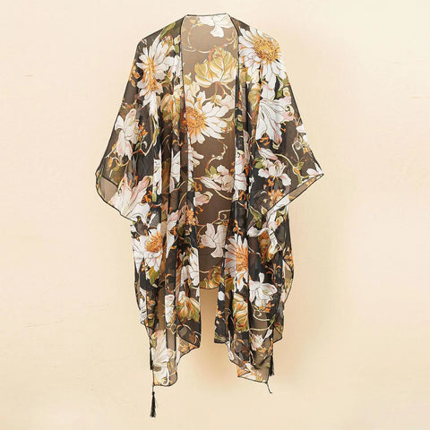 Beach Swimwear Cover Up Chiffon One Size Black Tassel Floral Print Swim Cover Up for Water Park Vacation Ooho