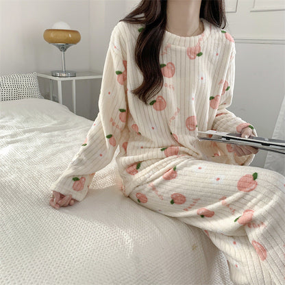 Women's Pajamas Autumn Winter Warm Pyjamas Sets Thick Coral Long Sleeve Cute Cartoon Bear Sleepwear Home Nightclothes Ooho