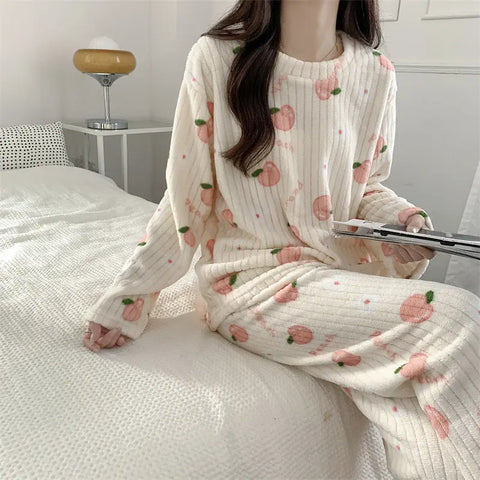 Women's Pajamas Autumn Winter Warm Pyjamas Sets Thick Coral Long Sleeve Cute Cartoon Bear Sleepwear Home Nightclothes Ooho