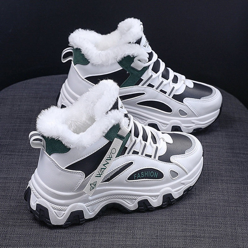 Fashion Black White Lace-up Sneakers Winter Warm All-match Plush Shoes Women Plus Velvet Fleece Flat High-top Sports Shoes Ooho