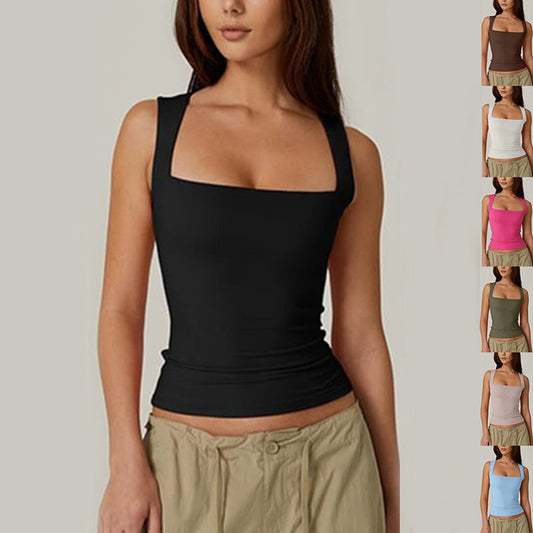 Summer Square-neck Tank Vest Ins Fashion Slim Solid Sleeveless Tops For Women Clothing Ooho