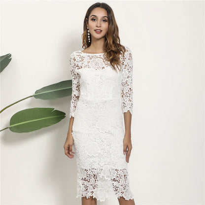 Summer New Long Sleeve Sexy Hollow Out Lace Midi Dress Ooho
