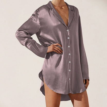 Women's Casual Long Sleeve Loose Lapels Shirt Nightdress Ooho
