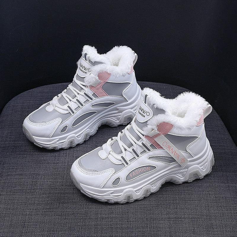 Fashion Black White Lace-up Sneakers Winter Warm All-match Plush Shoes Women Plus Velvet Fleece Flat High-top Sports Shoes Ooho