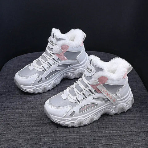 Fashion Black White Lace-up Sneakers Winter Warm All-match Plush Shoes Women Plus Velvet Fleece Flat High-top Sports Shoes Ooho