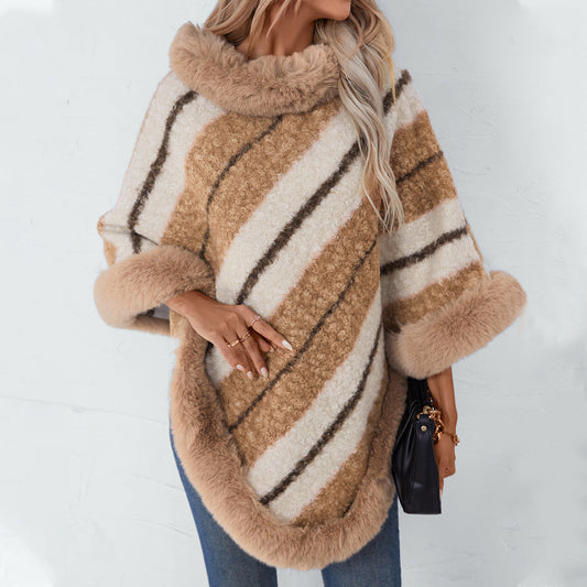 Cape Fur Collar Striped Knitted Shawl Sweater For Women Ooho