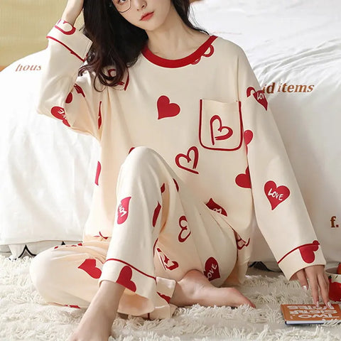 Loose Print Pajamas Women Autumn Winter Pyjama Set Long Sleeves And Trousers Elegant Sleepwear Girl Loungewear Home Clothes Ooho