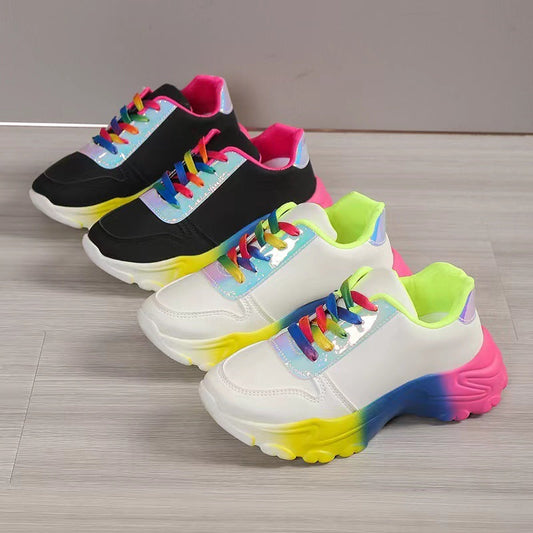 INS Style Rainbow Color Sports Shoes For Women Thick Bottom Lace-up Sneakers Fashion Casual Lightweight Running Walking Shoes Ooho