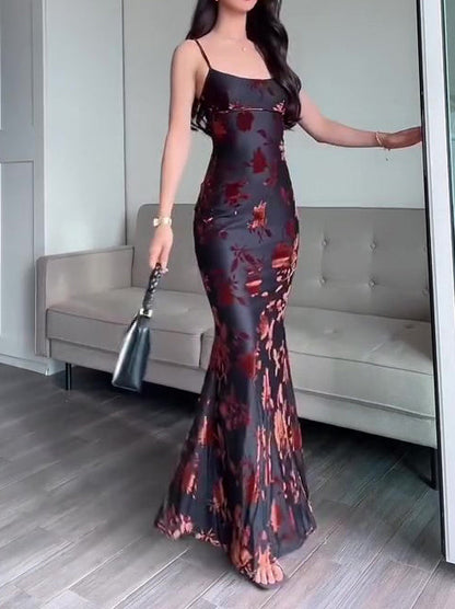 Flocked Strappy Maxi Dress Ooho