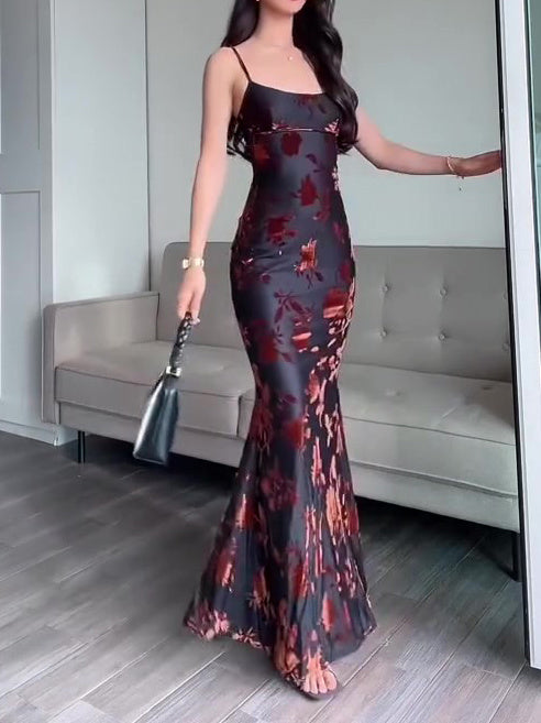 Flocked Strappy Maxi Dress Ooho