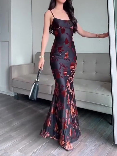 Flocked Strappy Maxi Dress Ooho