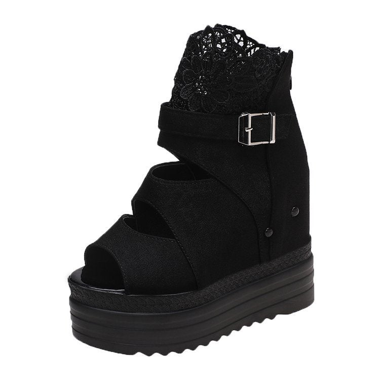 Suede Lace Fish Mouth Platform Wedge Romans Ooho