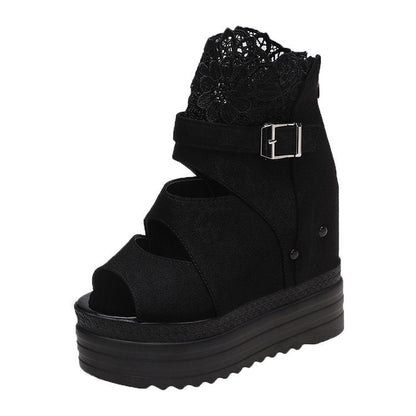 Suede Lace Fish Mouth Platform Wedge Romans Ooho