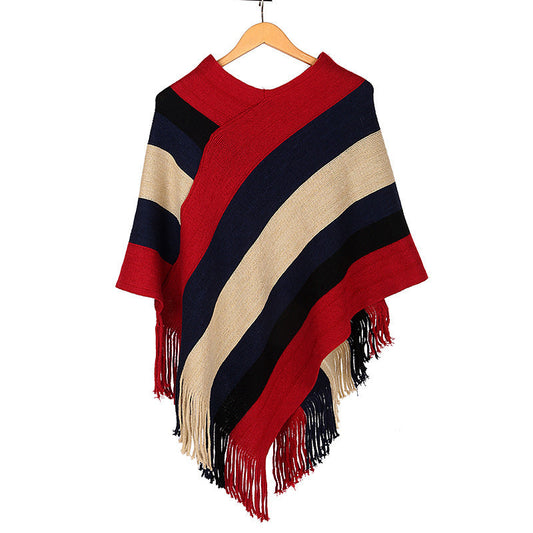 Color Block Striped Knitted Cape Shawl for Women – Stylish Cozy Wrap for All Seasons Ooho