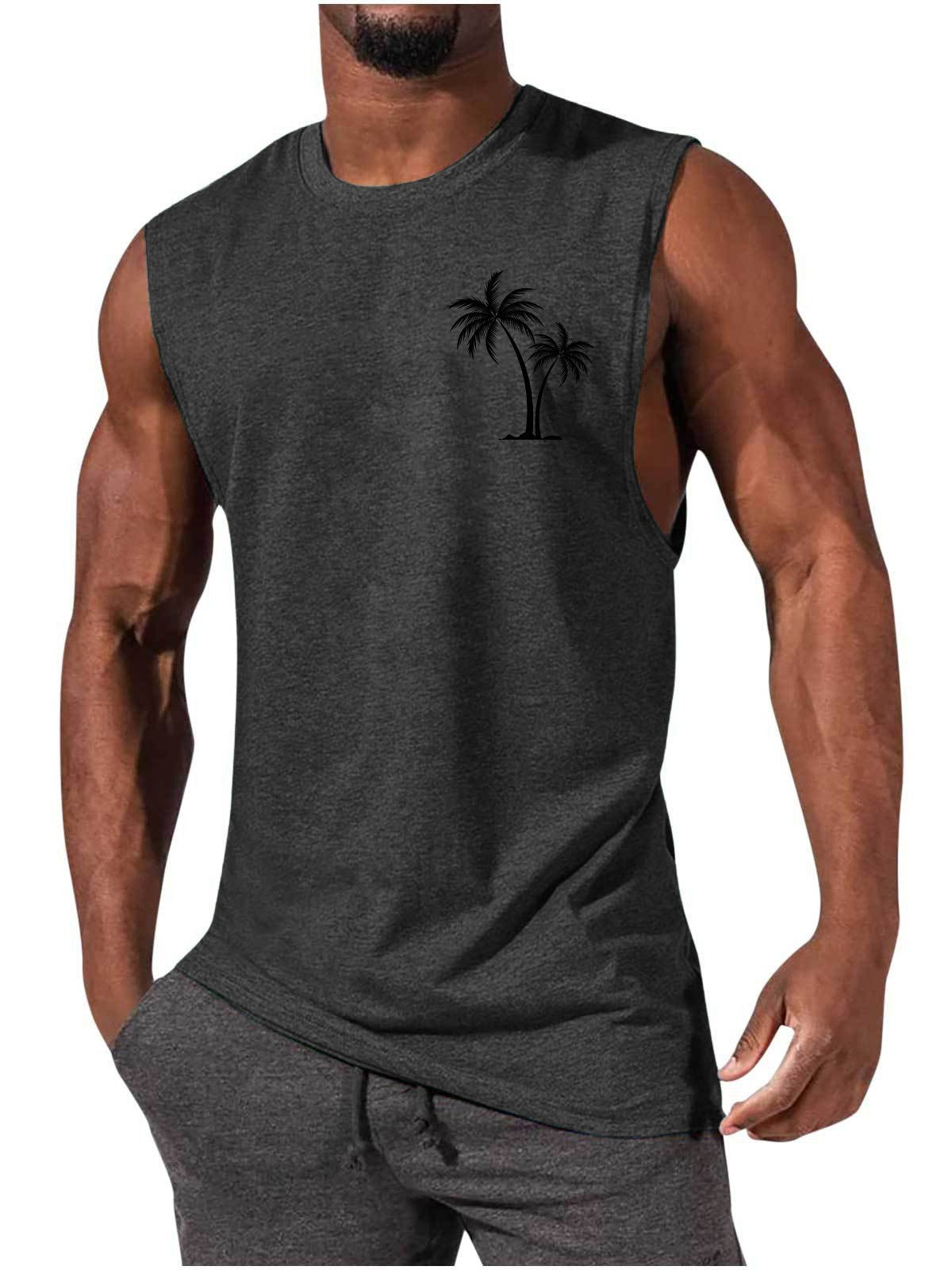 Coconut Tree Embroidery Vest Summer Beach Tank Tops Workout Muscle Men Sports Fitness T-shirt Ooho