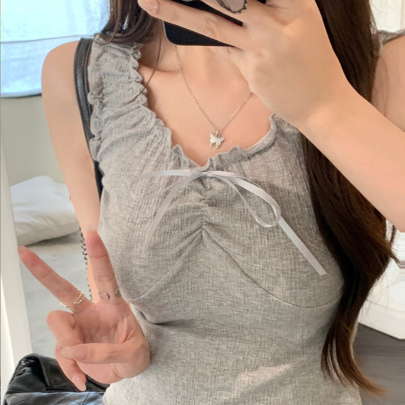 Camisole Wooden Ear Bow Flounce Trim Lace Up Vest For Women Ooho
