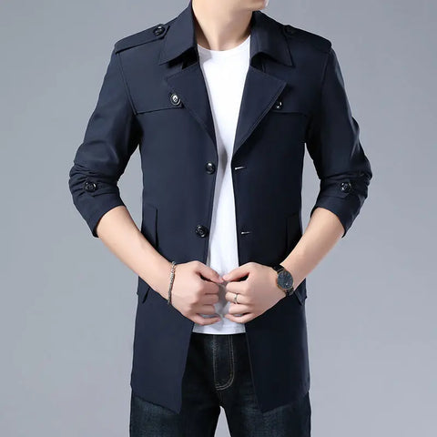 Spring And Autumn Men's Trench Coat With Buttons Top Quality Jacket Slim Regular Classic Jacket Ooho