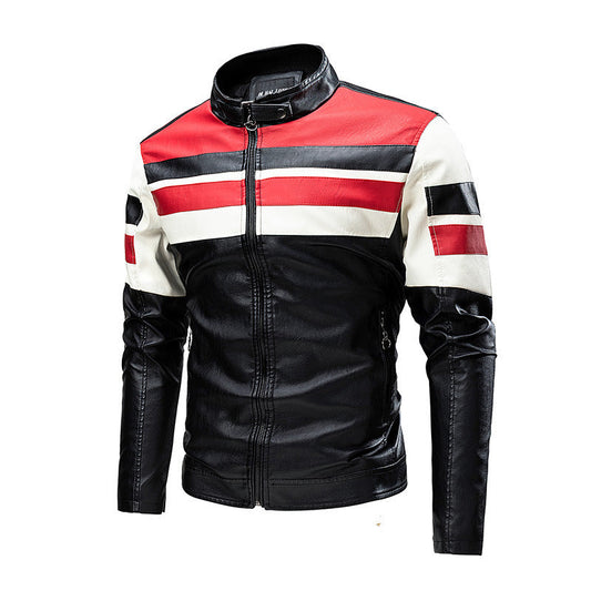 Motorcycle Stitching Leather Jacket Men Stand Collar Retro Ooho