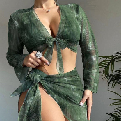 Swimsuit New 4 PCs Set Split Long Sleeve Bikini For Women Ooho