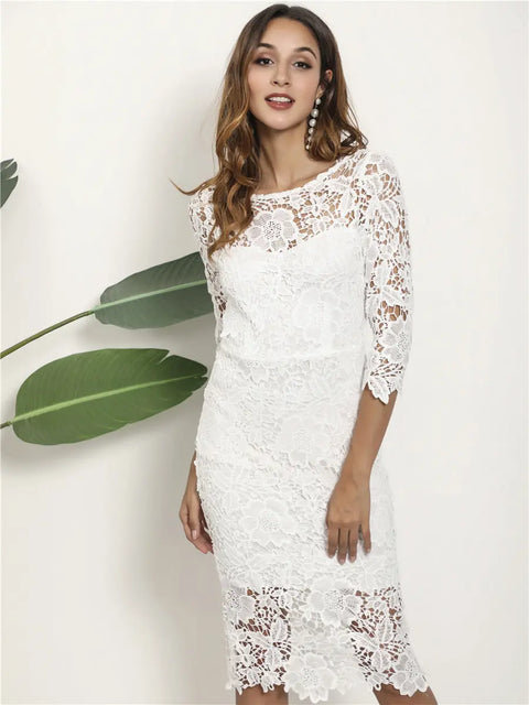 Summer New Long Sleeve Sexy Hollow Out Lace Midi Dress Ooho