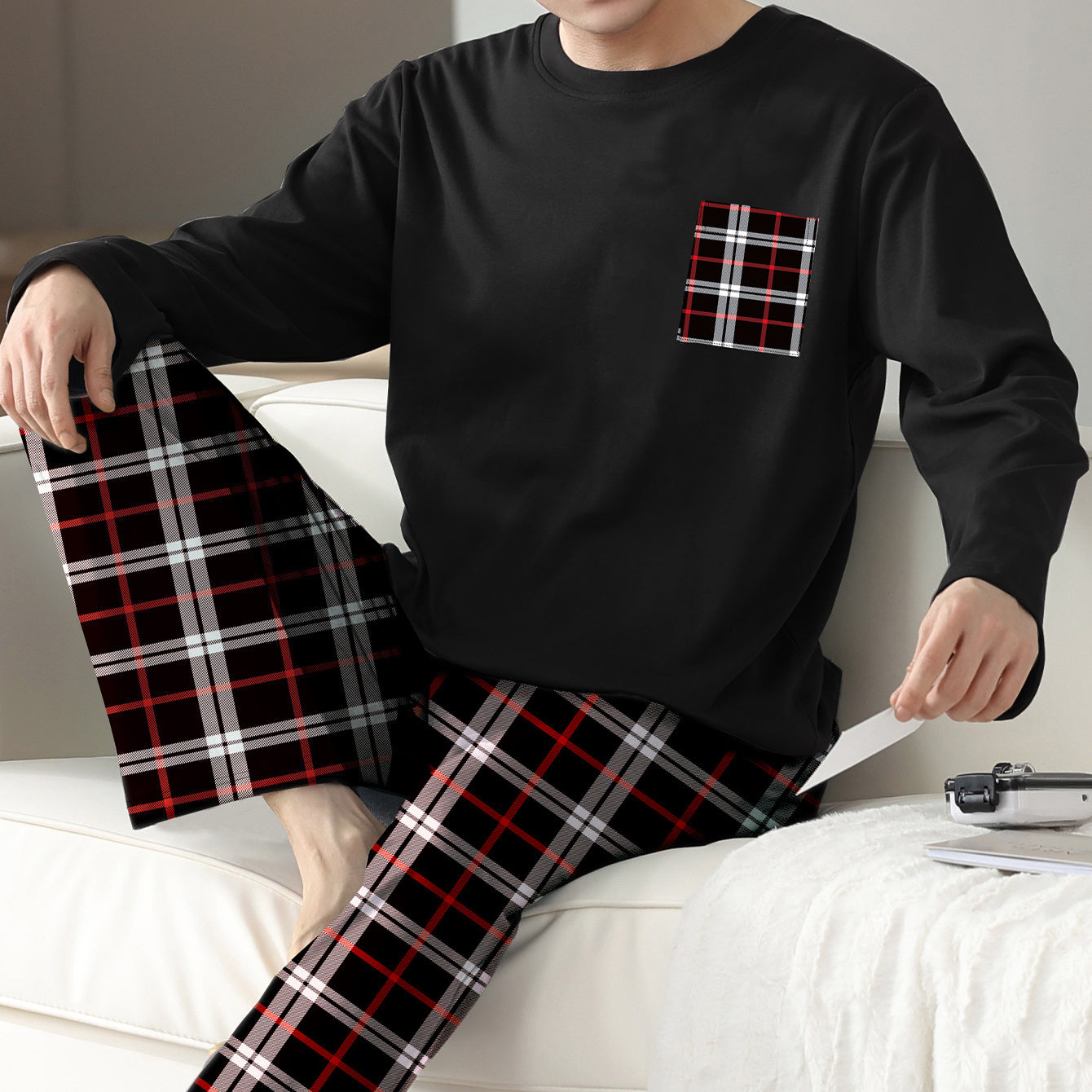 Ice Silk Long Sleeve Long Pants Men's Pajama Set Ooho