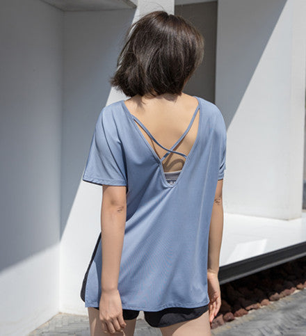 Women Hollow Back Yoga Shirts Short Sleeve Top Sports T-Shirts Ooho